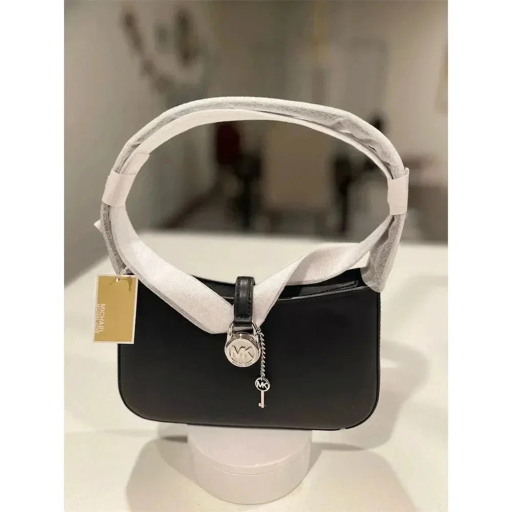 Michael Kors Lyra Small Black Leather Clutch with Silver MK Charm